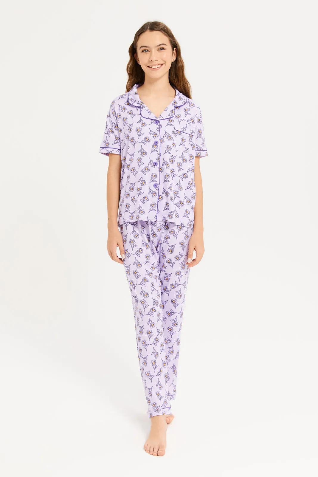 Senior Girls Lilac Floral Print Pajama Set (2 Piece)