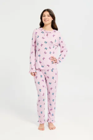 Senior Girls Pink Printed Long Sleeve Pyjama Set (2 Piece)