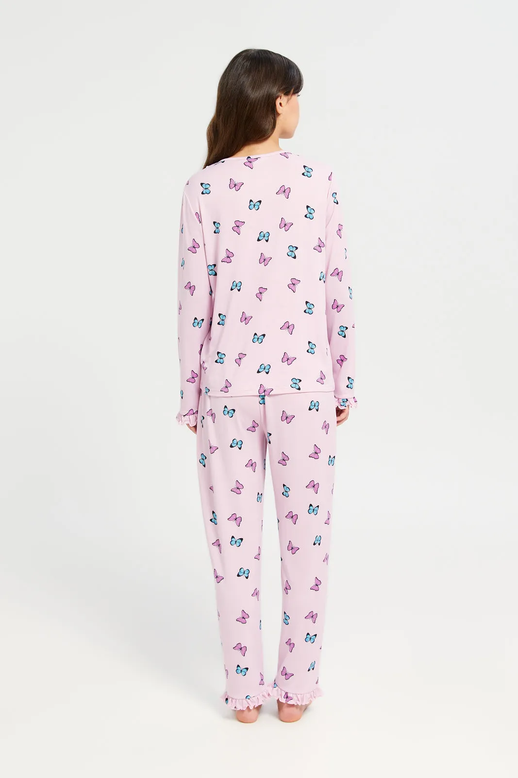 Senior Girls Pink Printed Long Sleeve Pyjama Set (2 Piece)