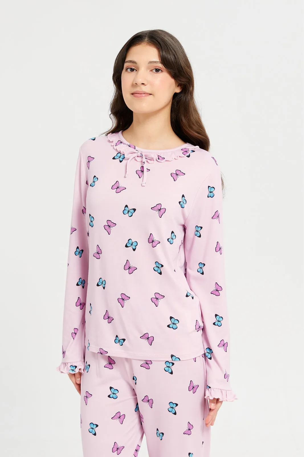 Senior Girls Pink Printed Long Sleeve Pyjama Set (2 Piece)