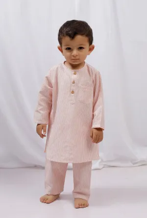 Set Of 2-Orange Striped Cotton Kurta And Pajama