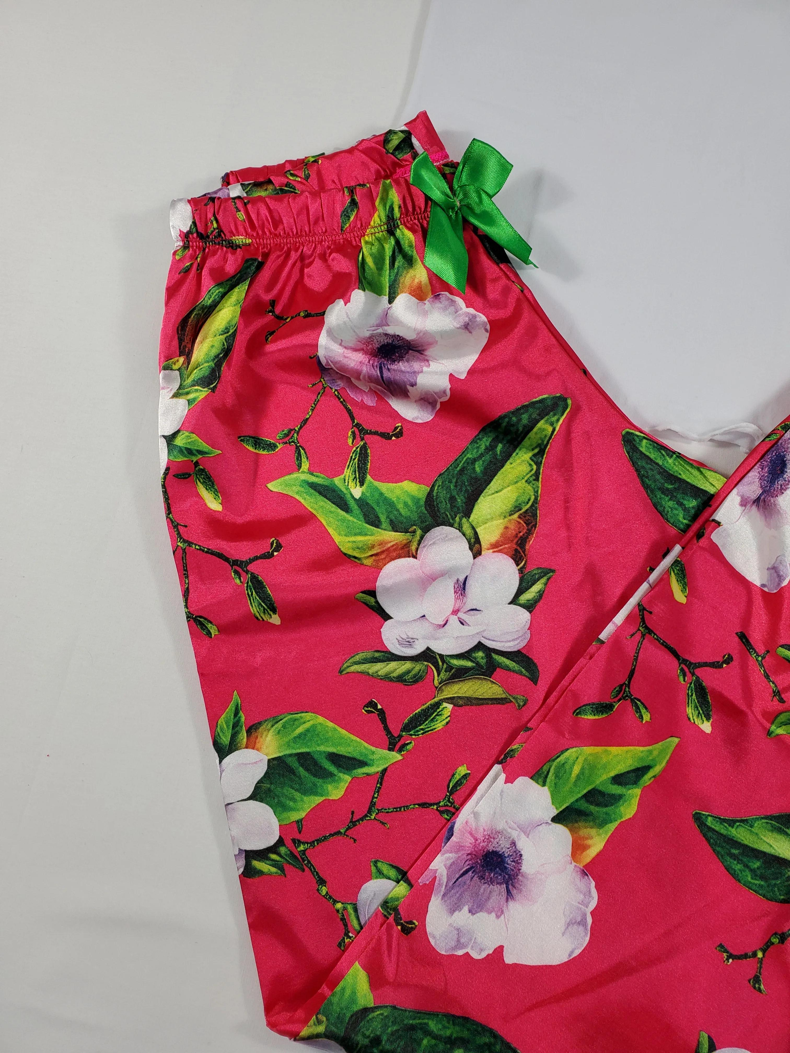 Sexy red satin Women's pajama pants with flowery theme and white blouse