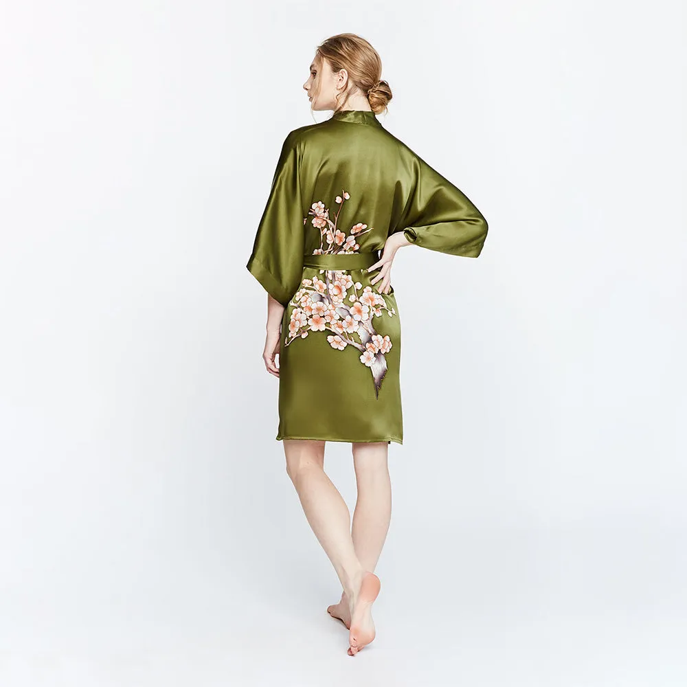 Silk Handpainted Cherry Blossom Short Kimono Robe