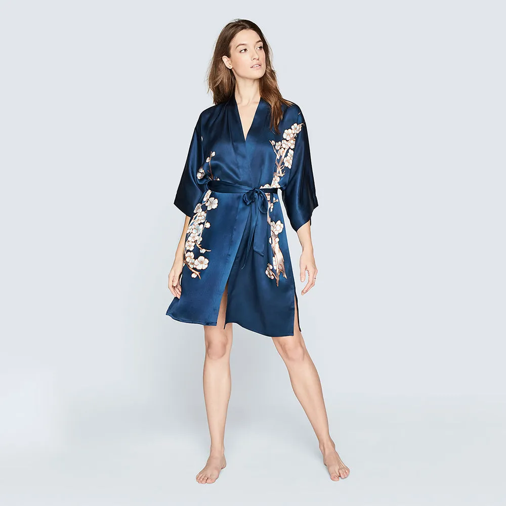 Silk Handpainted Cherry Blossom Short Kimono Robe