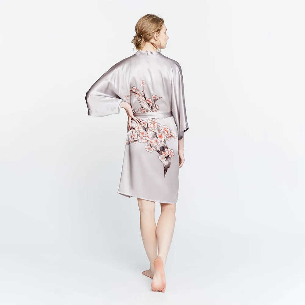 Silk Handpainted Cherry Blossom Short Kimono Robe