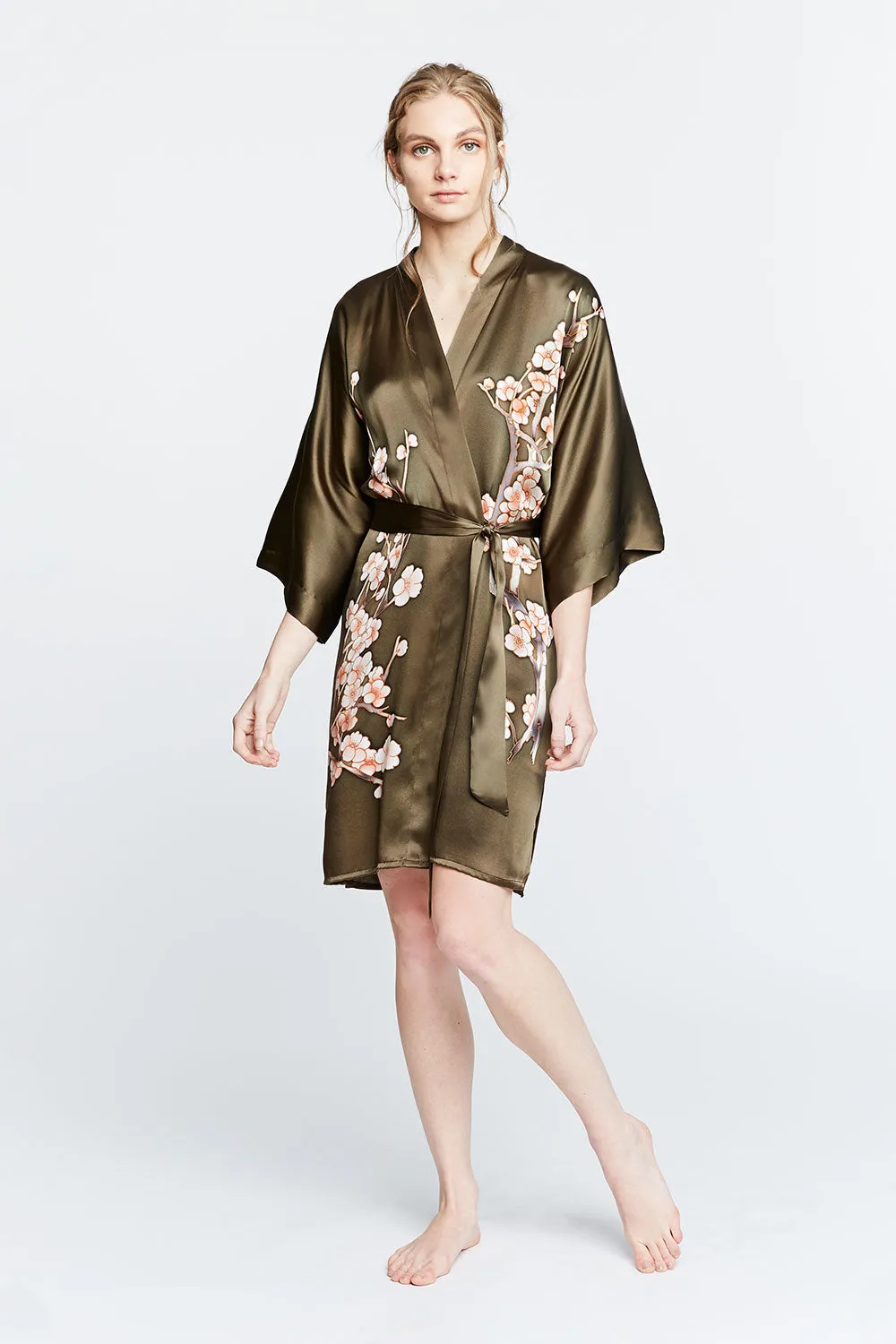 Silk Handpainted Cherry Blossom Short Kimono Robe