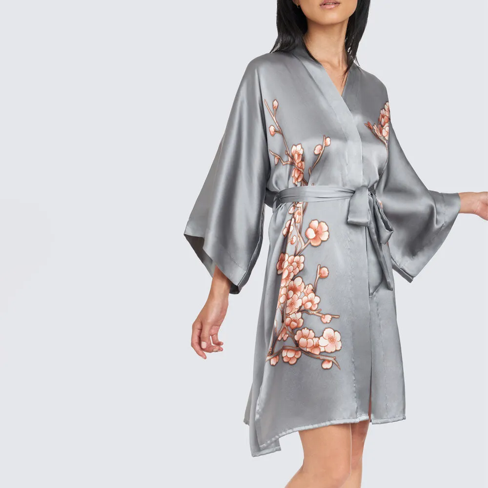 Silk Handpainted Cherry Blossom Short Kimono Robe