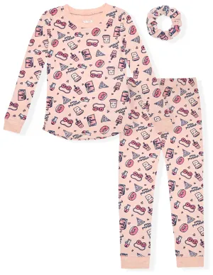 Sleep On It Girls 2-Piece Super Soft Jersey Long Sleeve Snug-Fit Pajama Set for Toddlers & Girls with Scrunchie - Sweets