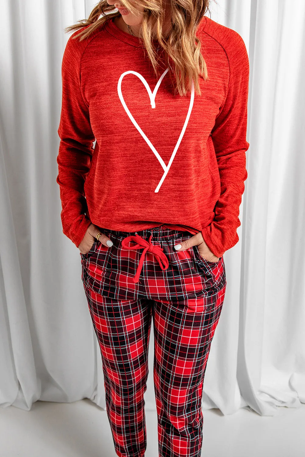 Solid Long Sleeve Top and Plaid Pants Loungewear