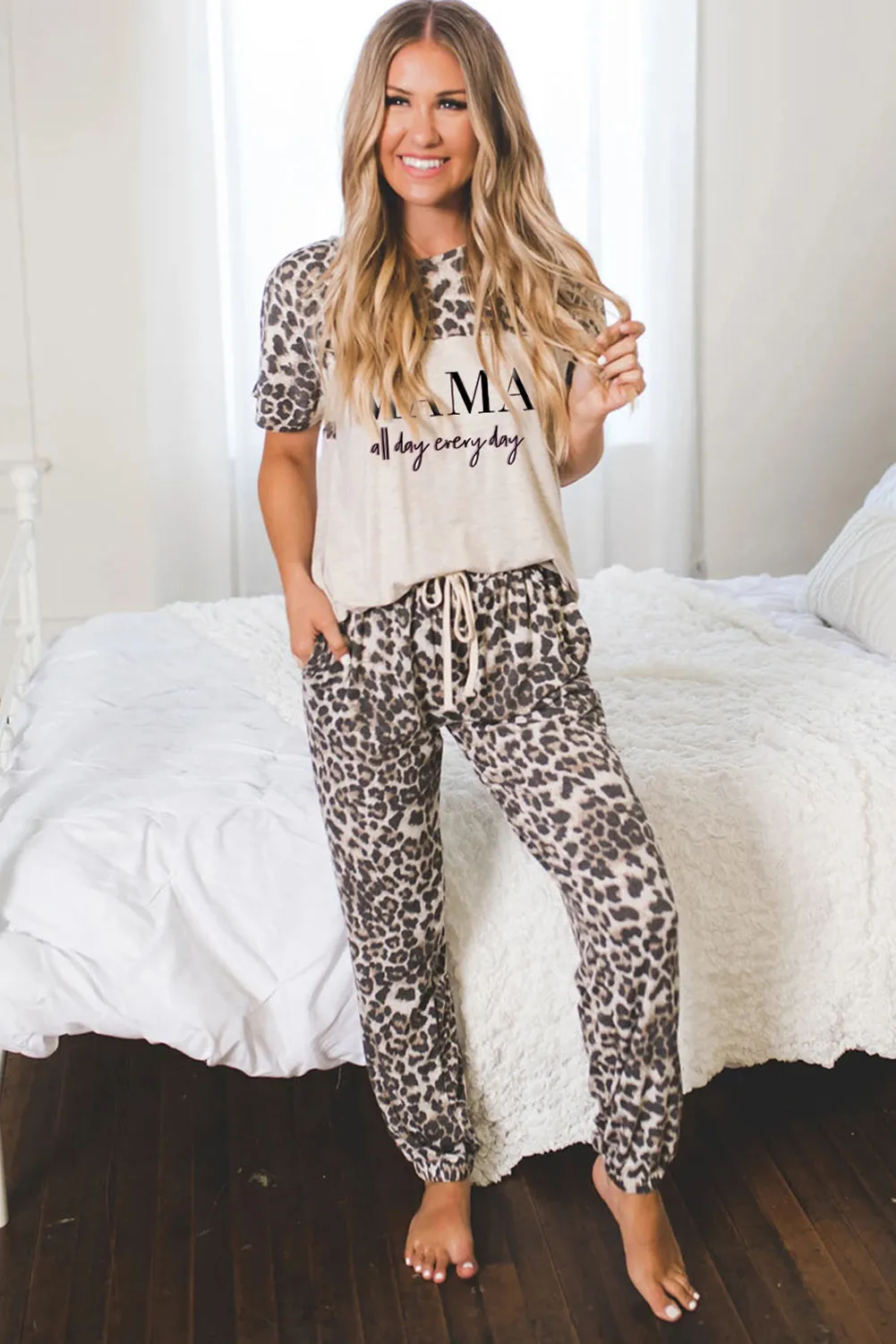 Solid Long Sleeve Top and Plaid Pants Loungewear