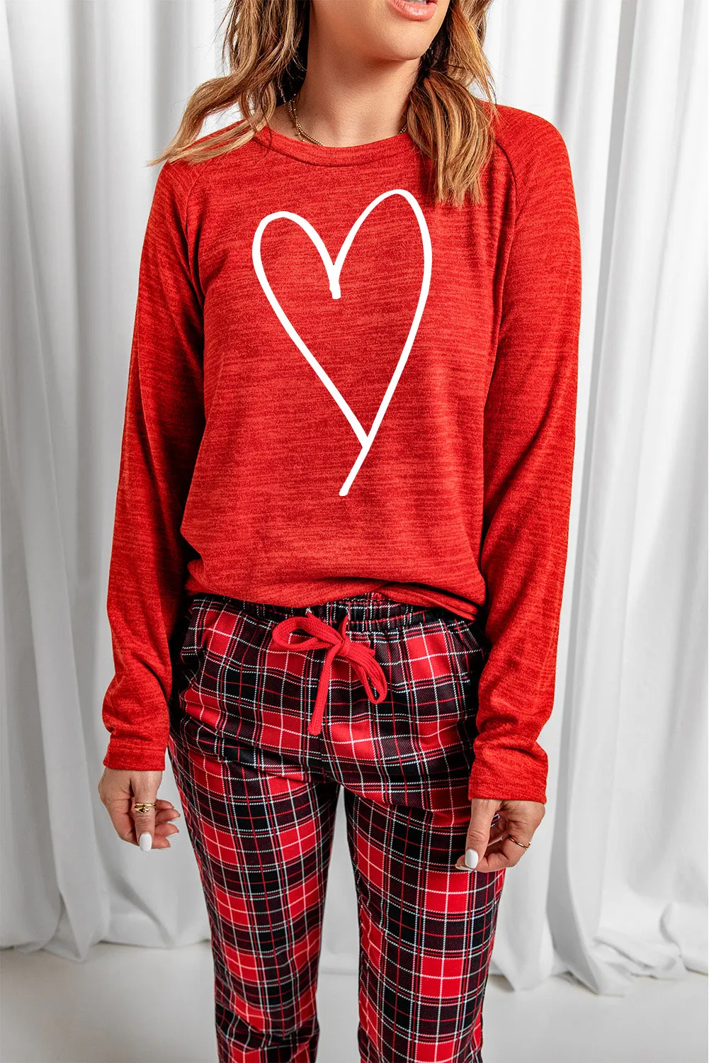 Solid Long Sleeve Top and Plaid Pants Loungewear