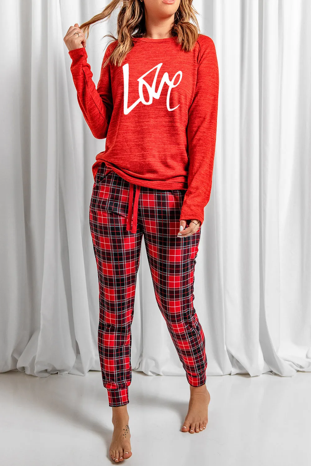 Solid Long Sleeve Top and Plaid Pants Loungewear