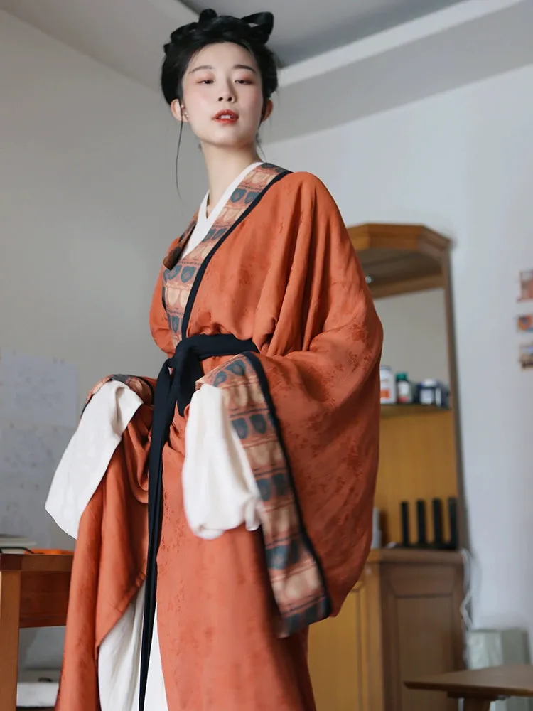 Tu Hong 土红 Terracotta Unisex Modernized Warring States Zhiju Straight Robe Set