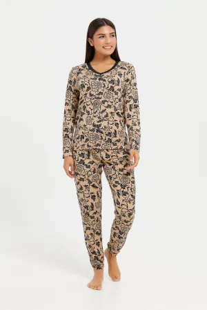 Women Beige Printed Pyjama Set (2 Piece)