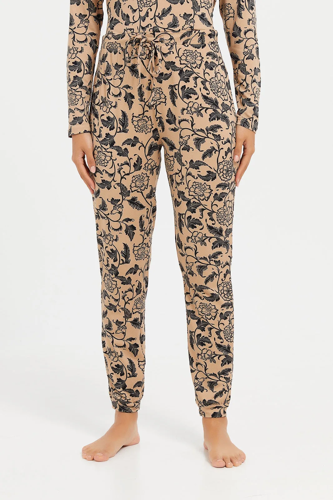 Women Beige Printed Pyjama Set (2 Piece)