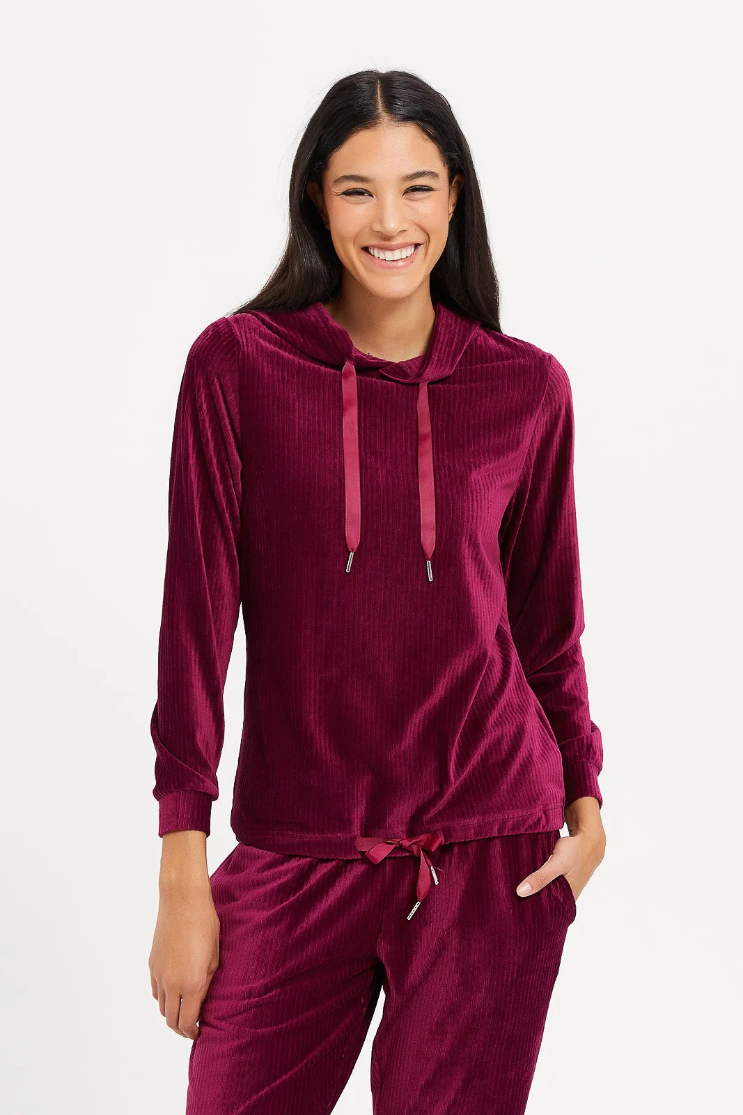 Women Burgundy Plain Velvet Pyjama Set (2 Piece)