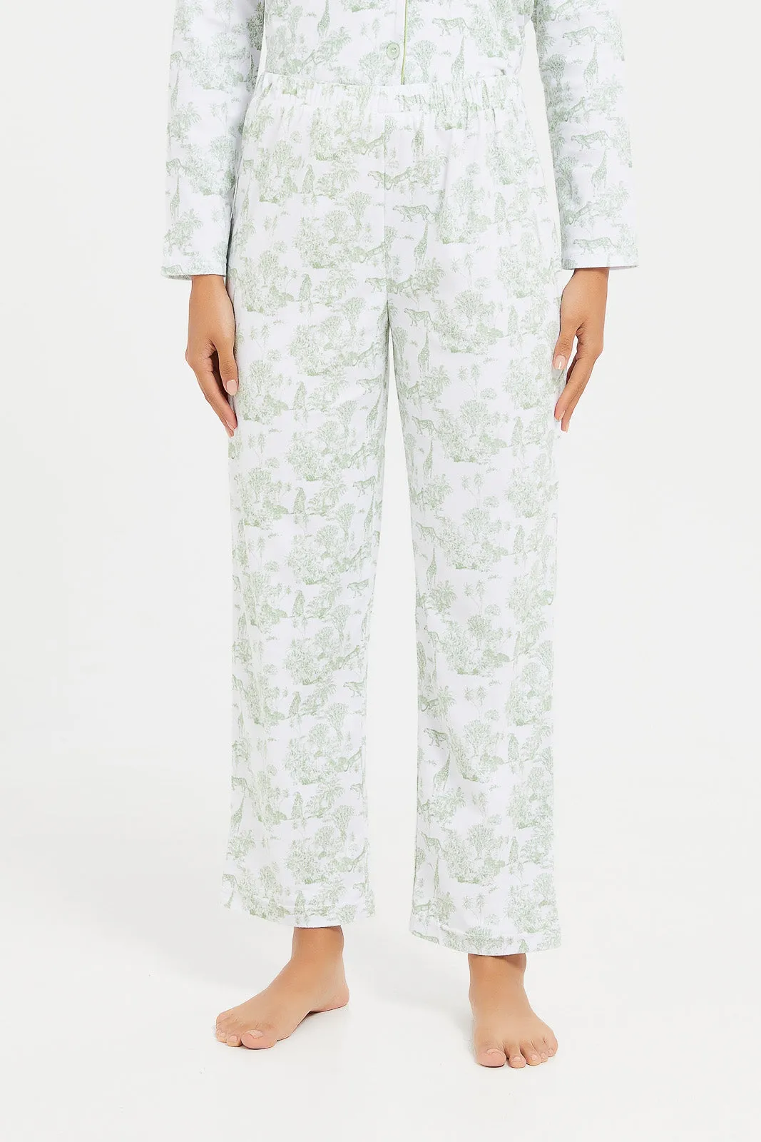 Women White And Mint Printed Pyjama Set (2 Piece)