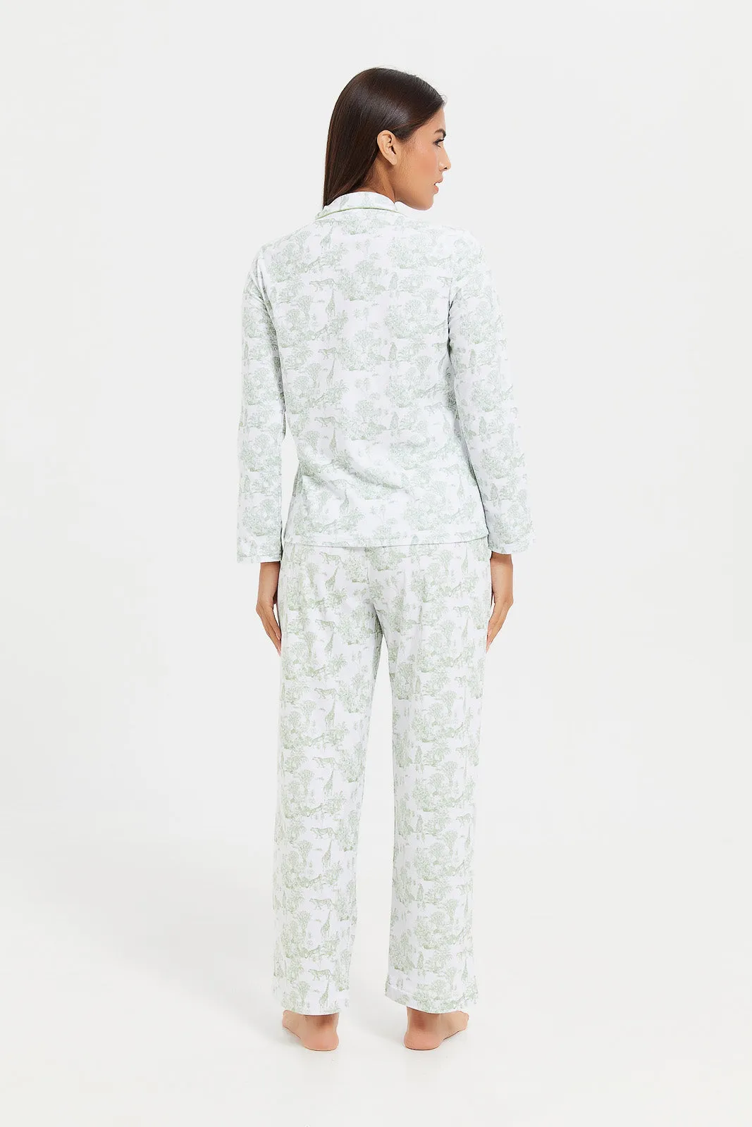 Women White And Mint Printed Pyjama Set (2 Piece)