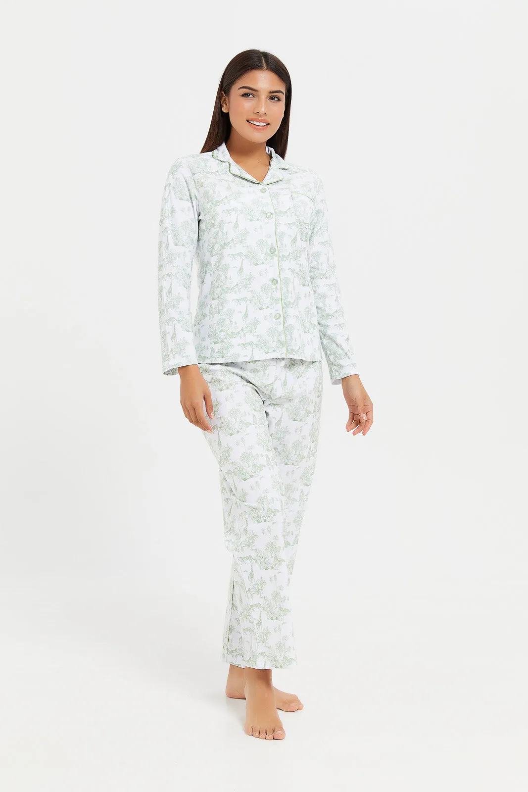 Women White And Mint Printed Pyjama Set (2 Piece)