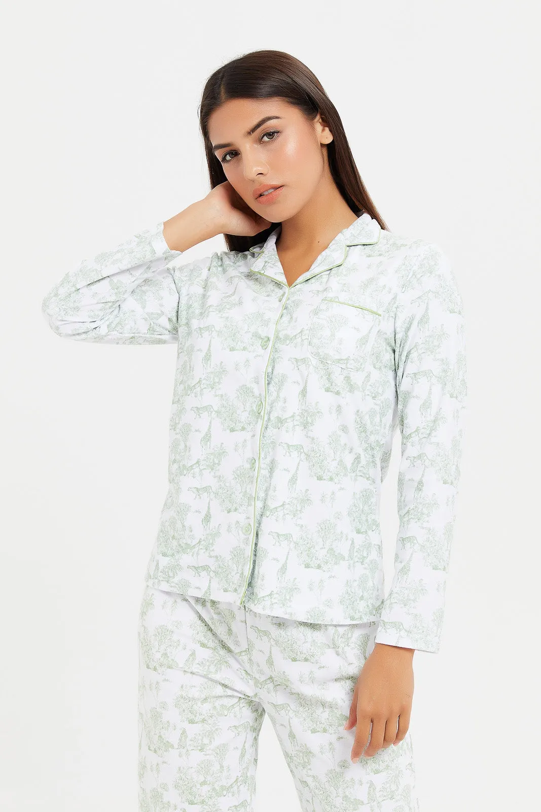 Women White And Mint Printed Pyjama Set (2 Piece)