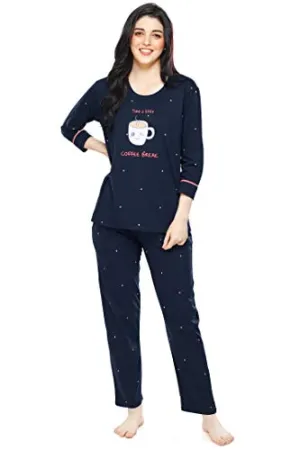 ZEYO Women's Cotton Dot Printed Navy Blue Night Suit Set of Top & Pyjama 5281