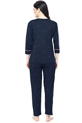 ZEYO Women's Cotton Dot Printed Navy Blue Night Suit Set of Top & Pyjama 5281